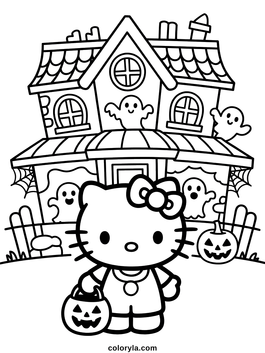 Hello Kitty faisant du porte-à-porte devant une maison hantée avec des fantômes aux fenêtres.