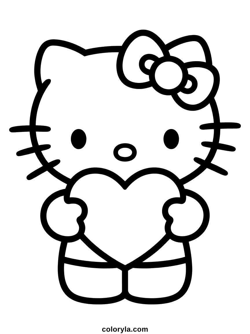 Hello Kitty tenant un grand cœur à deux pattes sur un fond uni.
