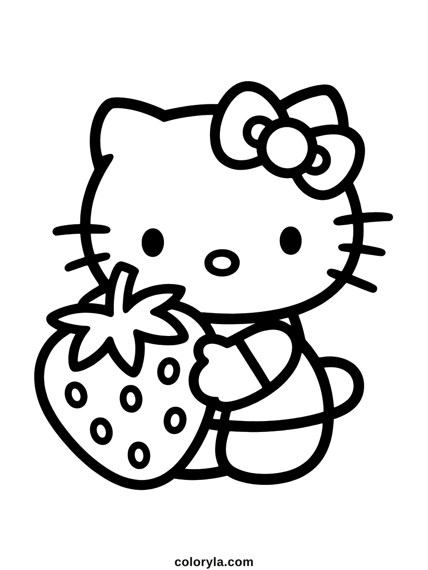 Hello Kitty tenant une fraise surdimensionnée avec ses graines et son feuillage visibles.