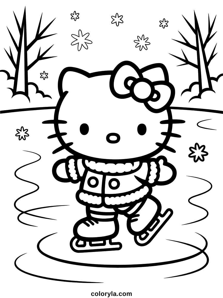 Hello Kitty patinant sur un lac gelé, avec des traces de patinage tourbillonnantes et de la neige qui tombe.