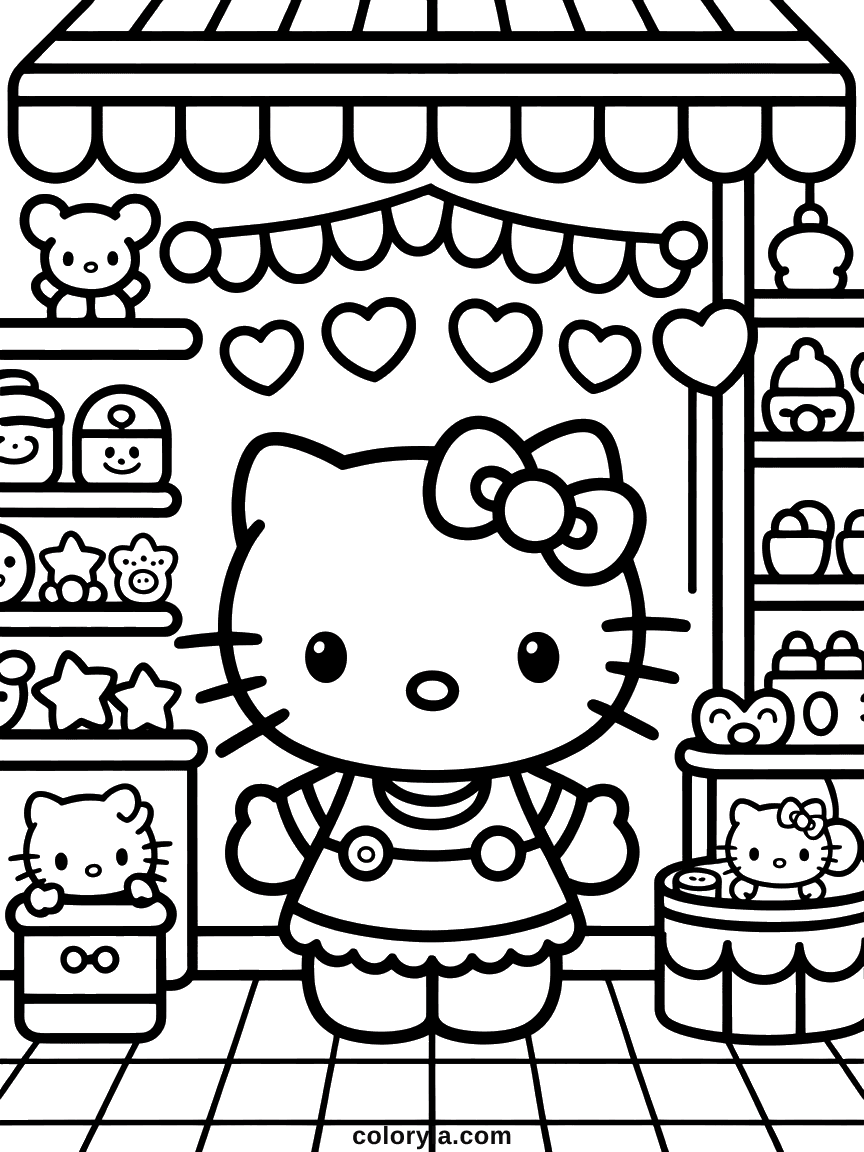 Hello Kitty inside a kawaii shop, with shelves of plush toys and a heart garland overhead.