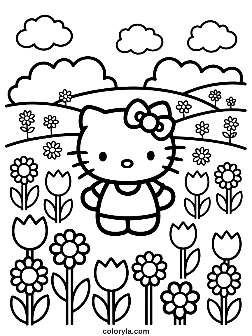 Hello Kitty standing in a wide field of tulips, sunflowers, and daisies under rolling hills.
