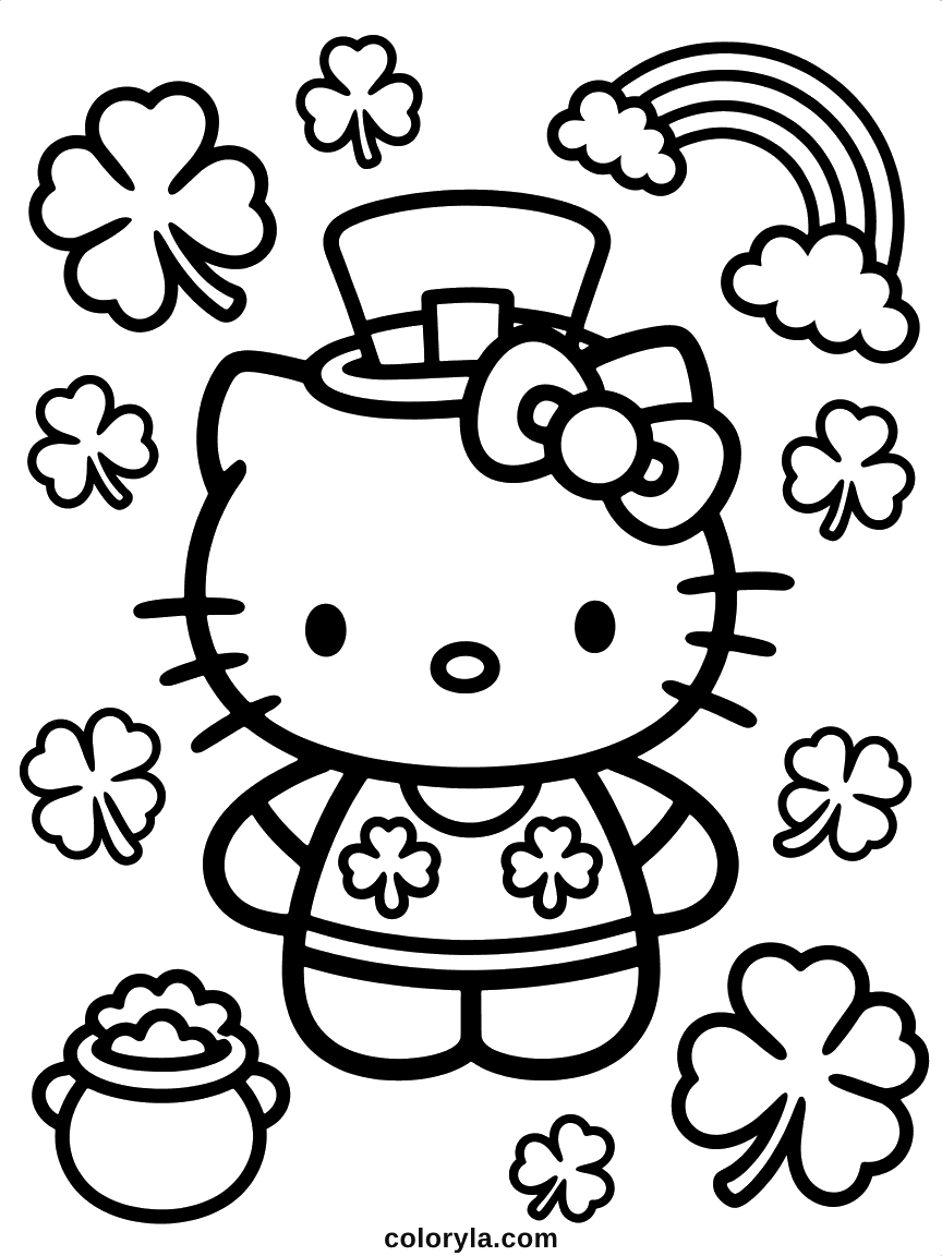 Hello Kitty in a top hat and clover-print outfit, with a rainbow and pot of gold nearby.