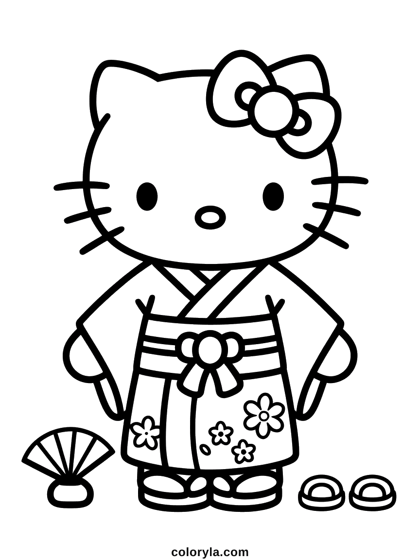Hello Kitty in a floral kimono with an obi belt, next to a folding fan and wooden sandals.
