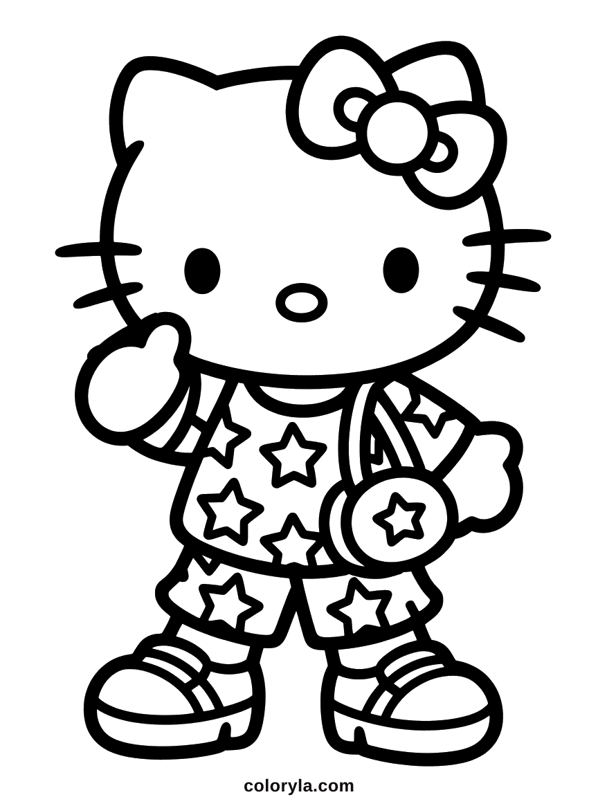Hello Kitty in a star-print top and shorts with sneakers and a small shoulder bag.