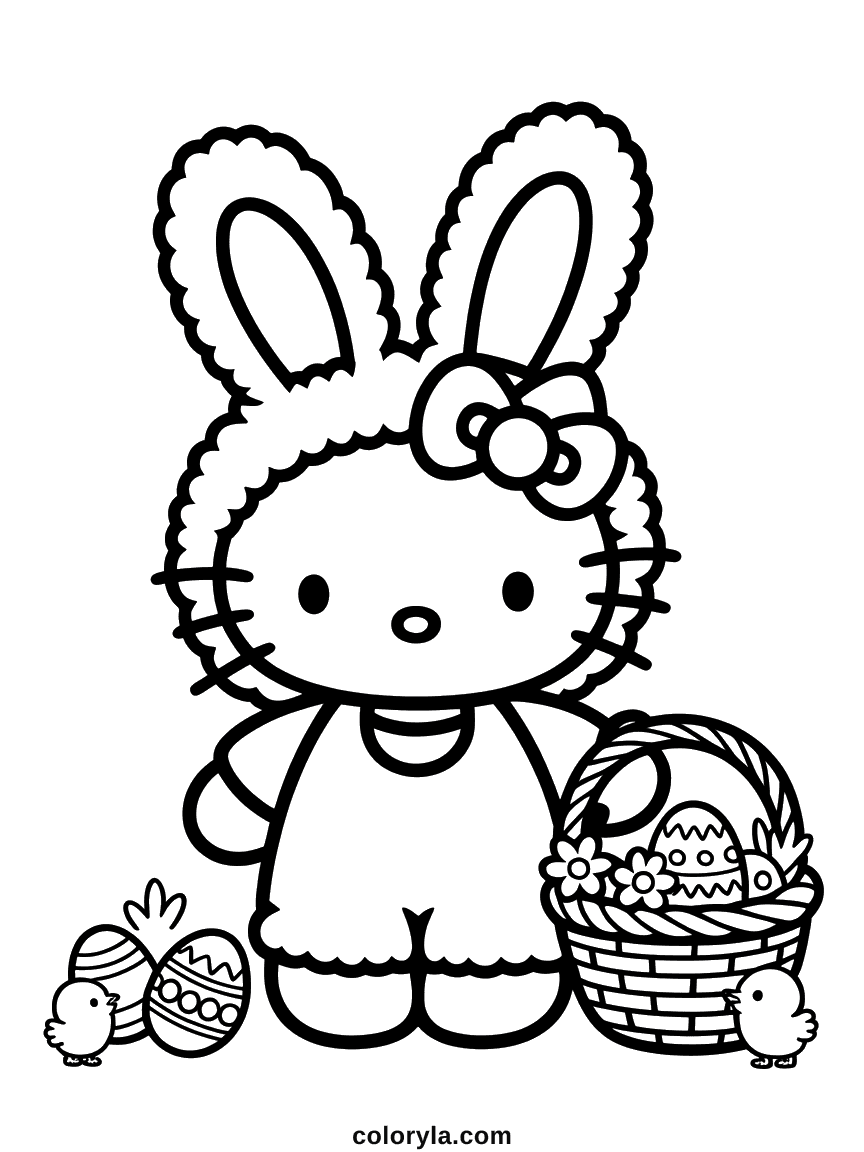 Hello Kitty in a fluffy bunny-ear hood, next to a basket of eggs and two baby chicks.