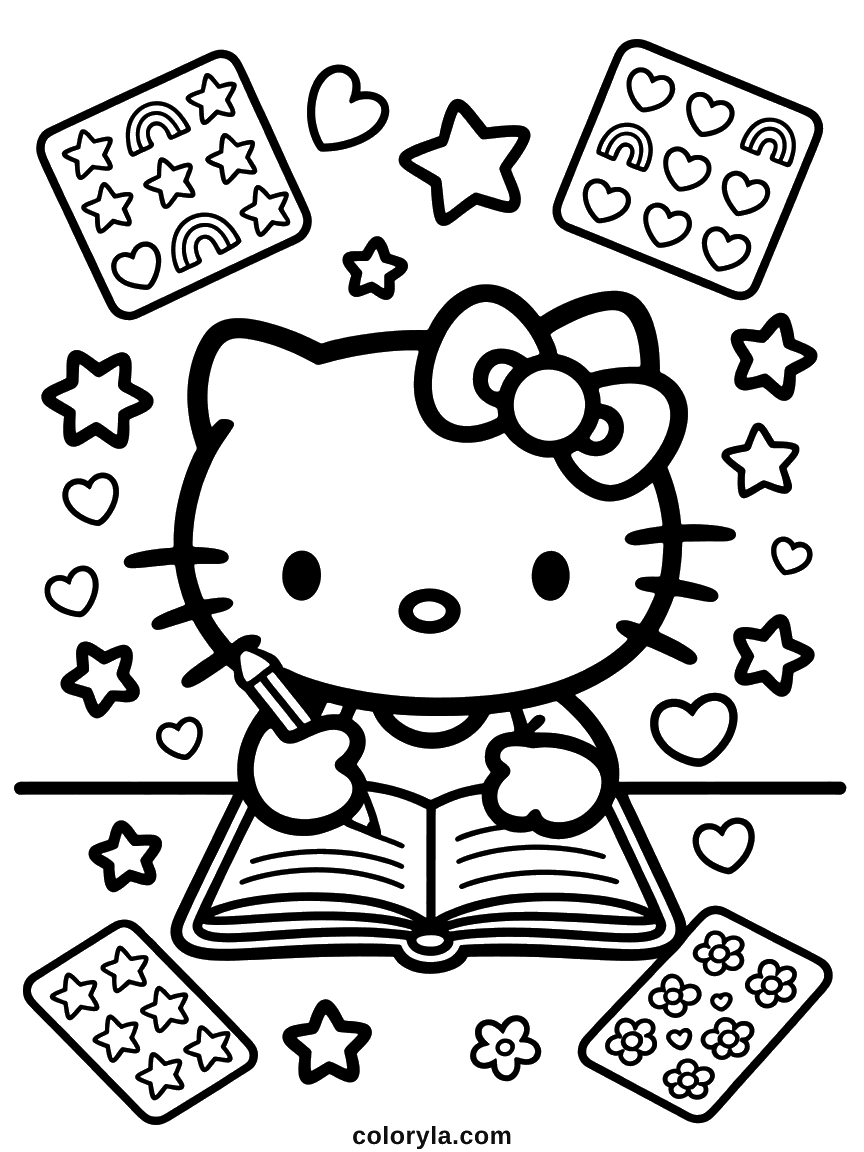 Hello Kitty écrivant dans un journal ouvert, entourée de planches d'autocollants arc-en-ciel, cœurs, étoiles et fleurs.