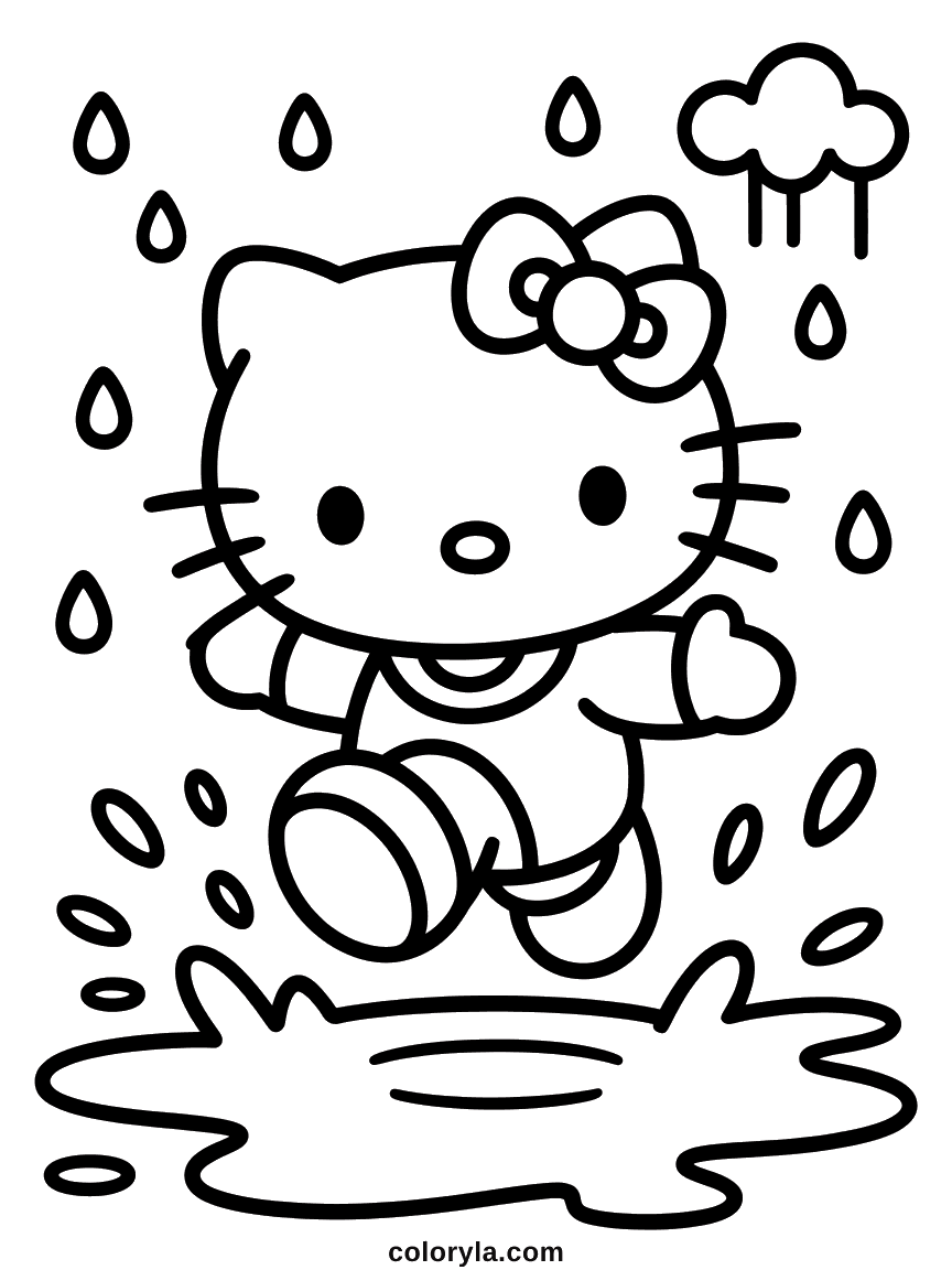 Hello Kitty en bottes de pluie éclaboussant une flaque d'eau, avec des gouttes de pluie tombant d'un nuage.