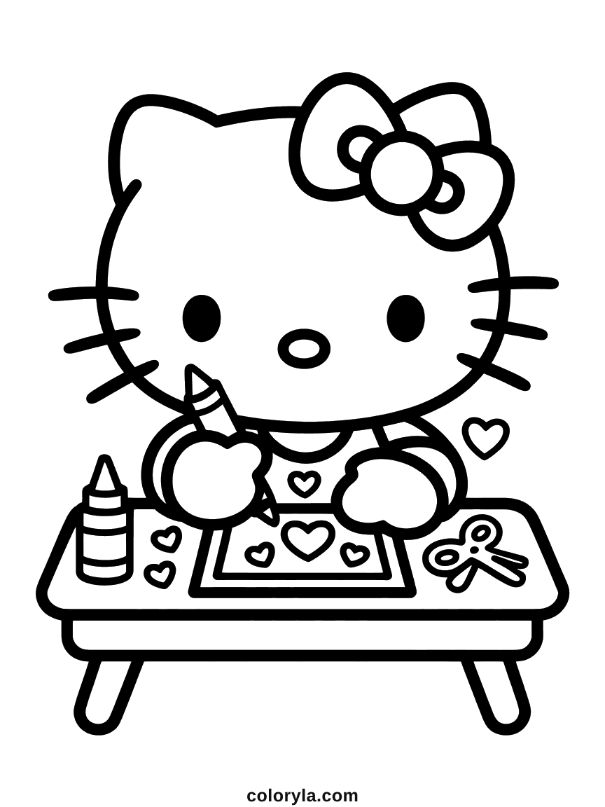 Hello Kitty at a craft table making a heart-covered Valentine's card, with a glue stick and scissors.