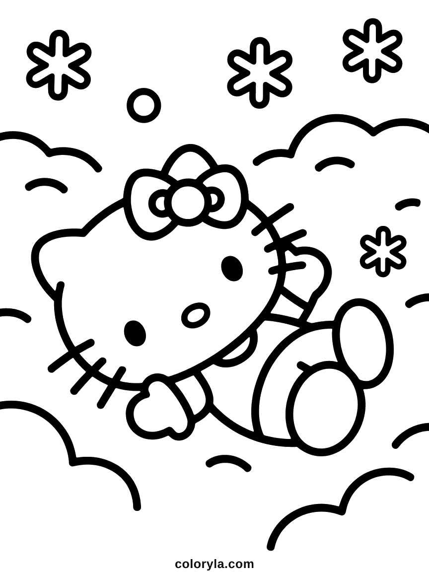 Hello Kitty allongée dans la neige en train de faire un ange de neige, neige légère autour d'elle.