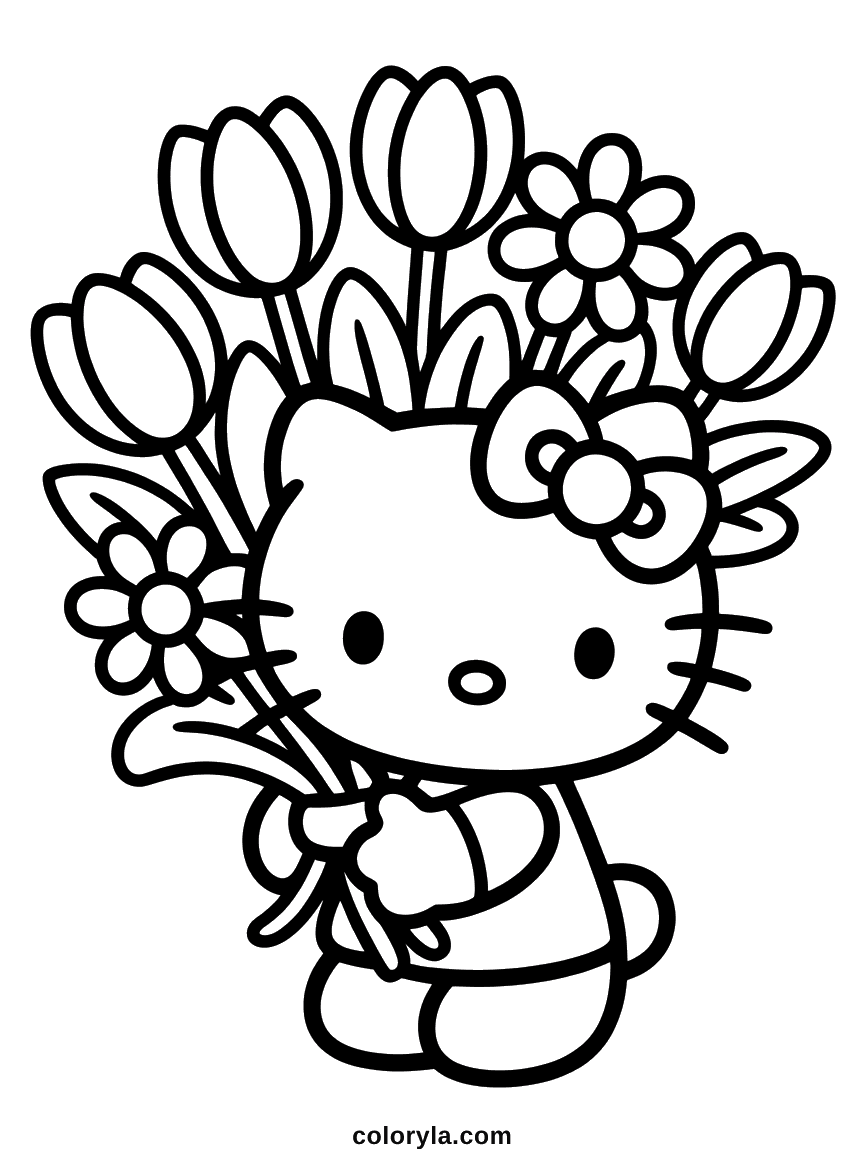 Hello Kitty holding a large bouquet of tulips and daisies.