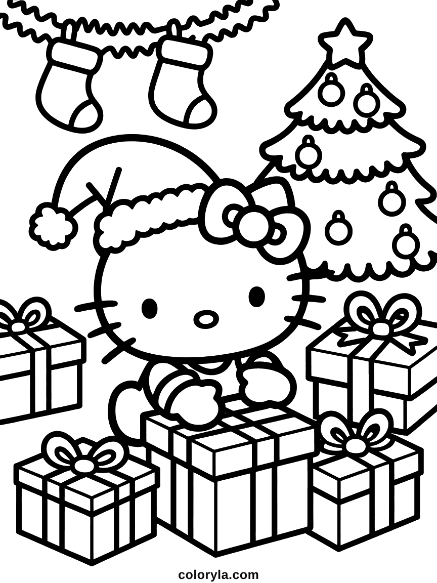 Hello Kitty in a Santa hat sitting on top of wrapped Christmas gifts, with stockings and a tree nearby.