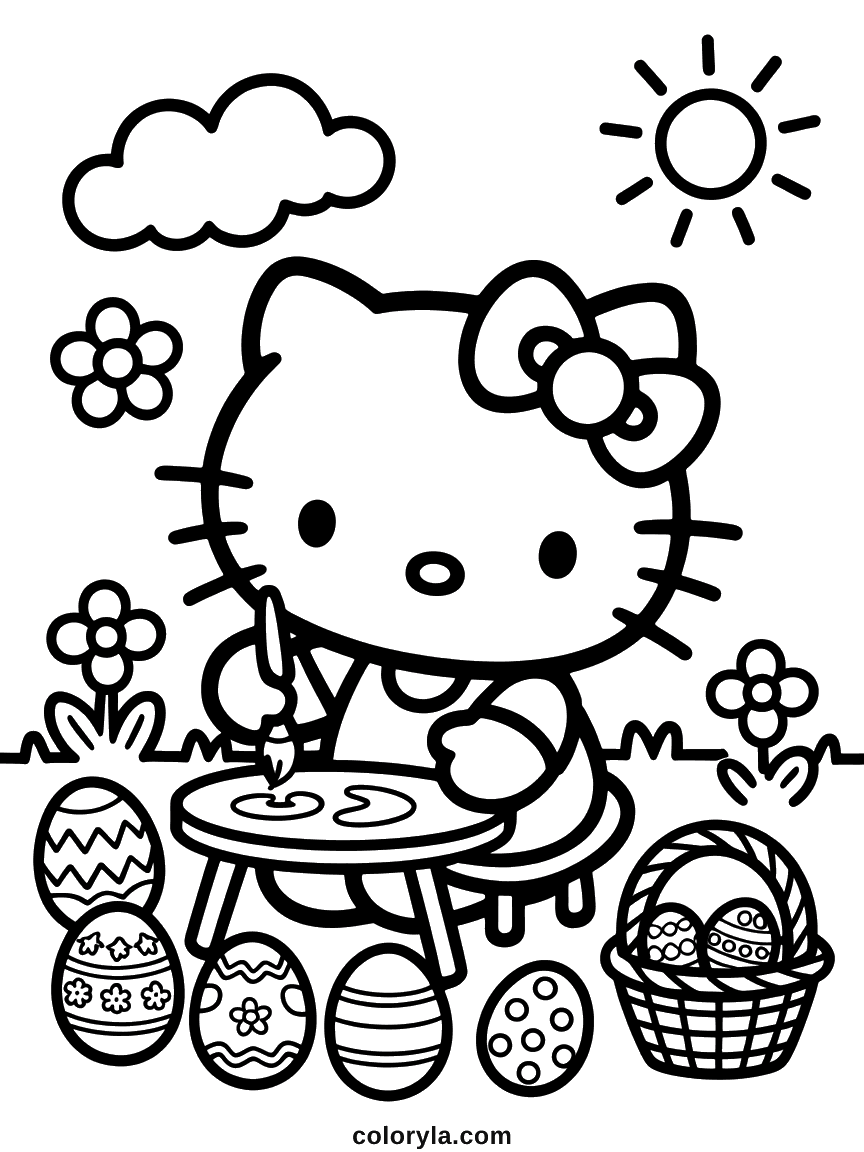 Hello Kitty Painting Easter Eggs Outside Coloring Page Hello Kitty at a small table painting Easter eggs, with a basket of finished patterned eggs nearby.