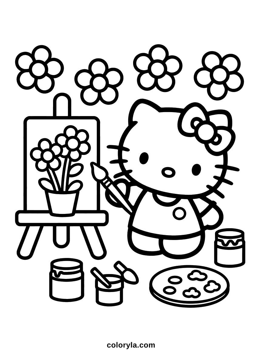 Hello Kitty painting a flower vase at an easel, with paint cans and a palette nearby.