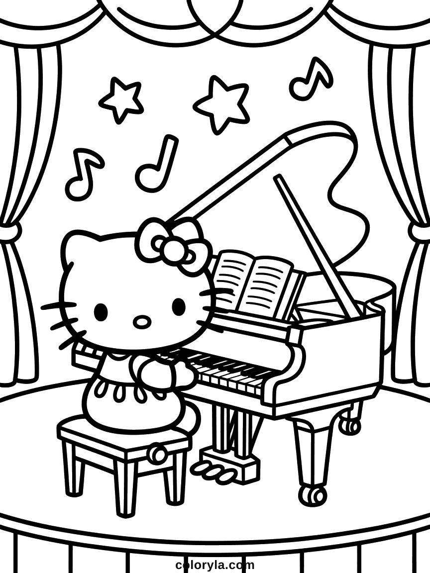 Hello Kitty playing a grand piano on stage, with curtains and sheet music.