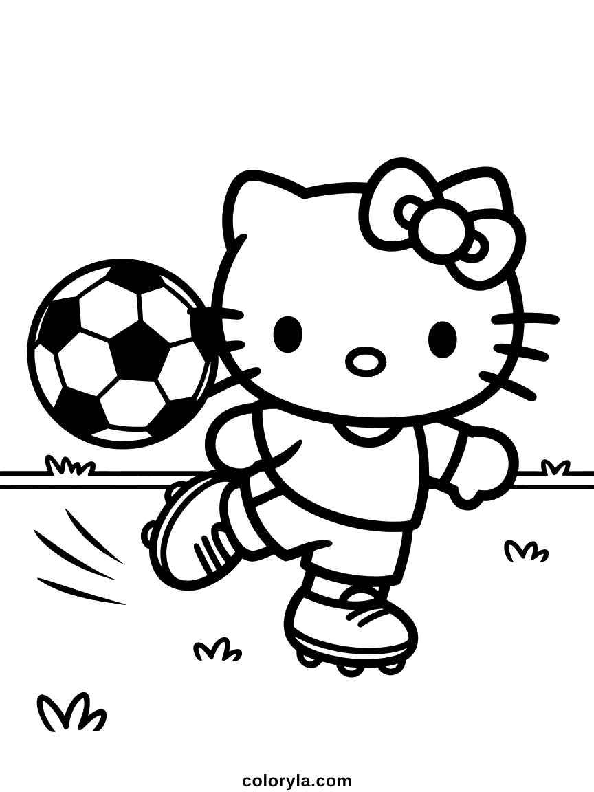 Hello Kitty Playing Soccer Coloring Page Hello Kitty kicking a soccer ball while wearing cleats and a striped sports jersey.