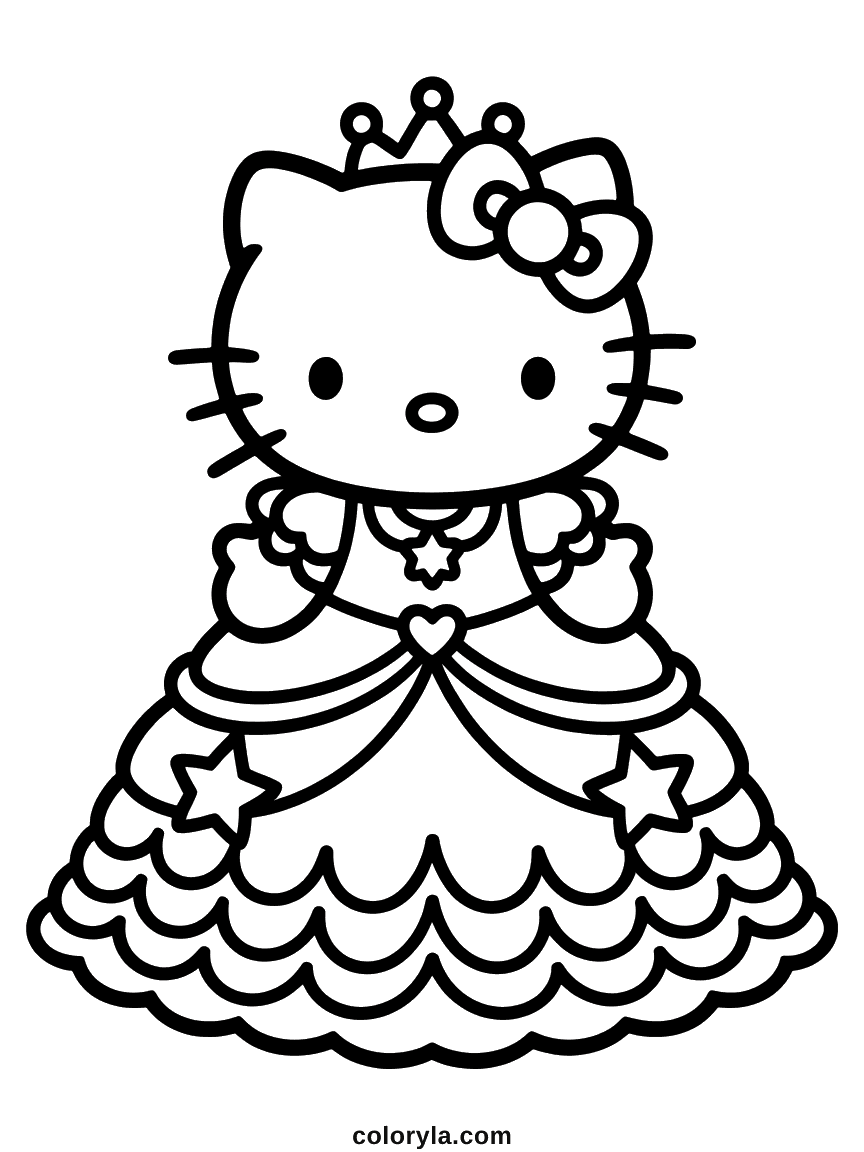 Hello Kitty wearing a crown and a full layered ball gown with star and heart details.