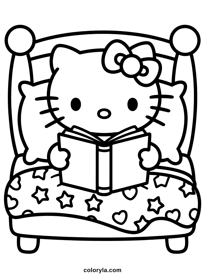 Hello Kitty sitting up in bed reading a book, with a star and heart patterned blanket.