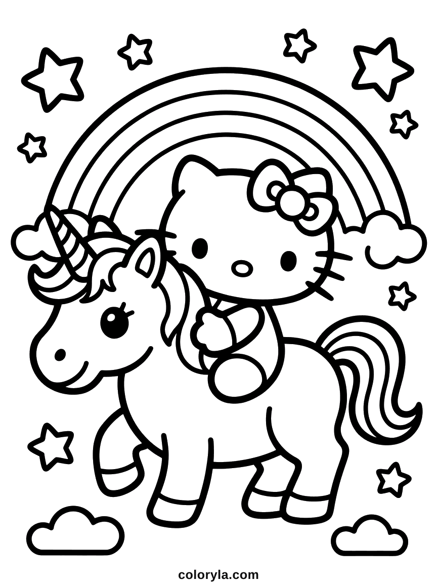 Hello Kitty riding a unicorn beneath a rainbow, with stars and clouds in the background.