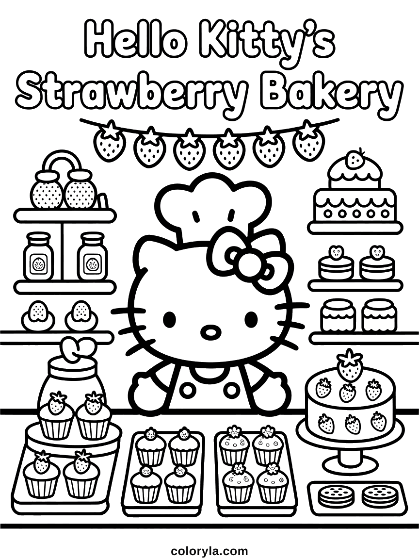 Hello Kitty running a strawberry-themed bakery shop stocked with cakes, cupcakes, and jam jars.