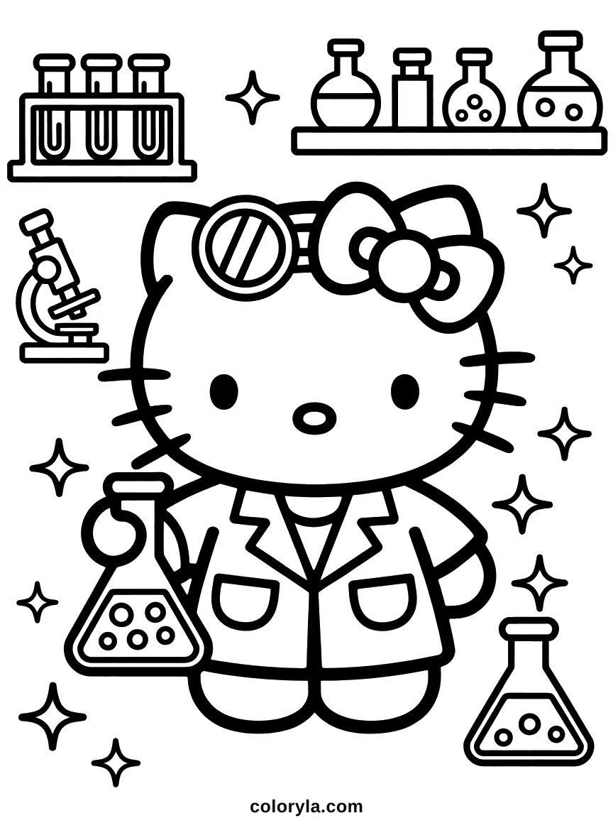 Hello Kitty in a lab coat and safety goggles holding a bubbling flask, surrounded by test tubes and beakers.