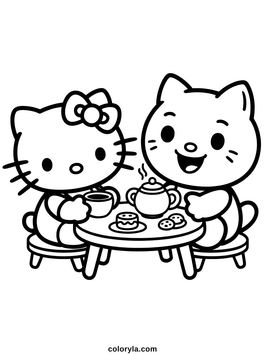 Hello Kitty and a round, smiling cat friend sharing tea at a small round table.