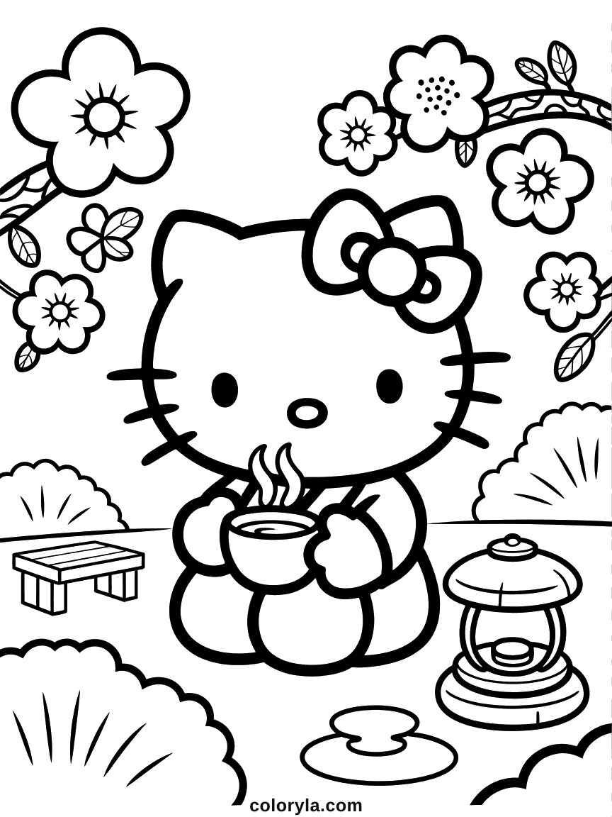 Hello Kitty in a kimono sipping steaming matcha under cherry blossom branches and paper lanterns.