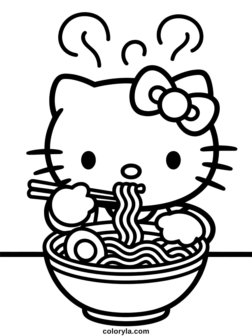 Hello Kitty eating a steaming bowl of ramen with chopsticks, noodles and a sliced egg visible.