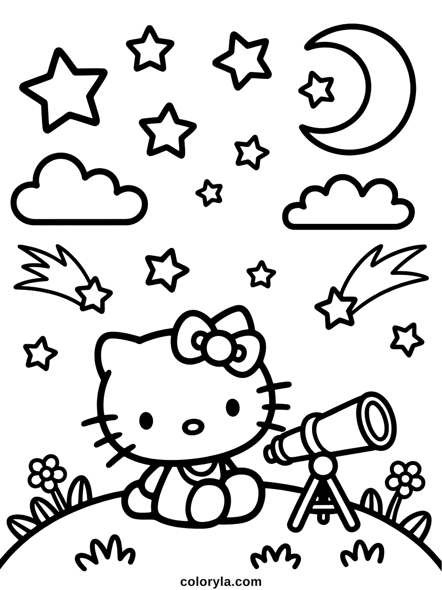 Hello Kitty sitting on a hill next to a telescope, with shooting stars and a crescent moon overhead.