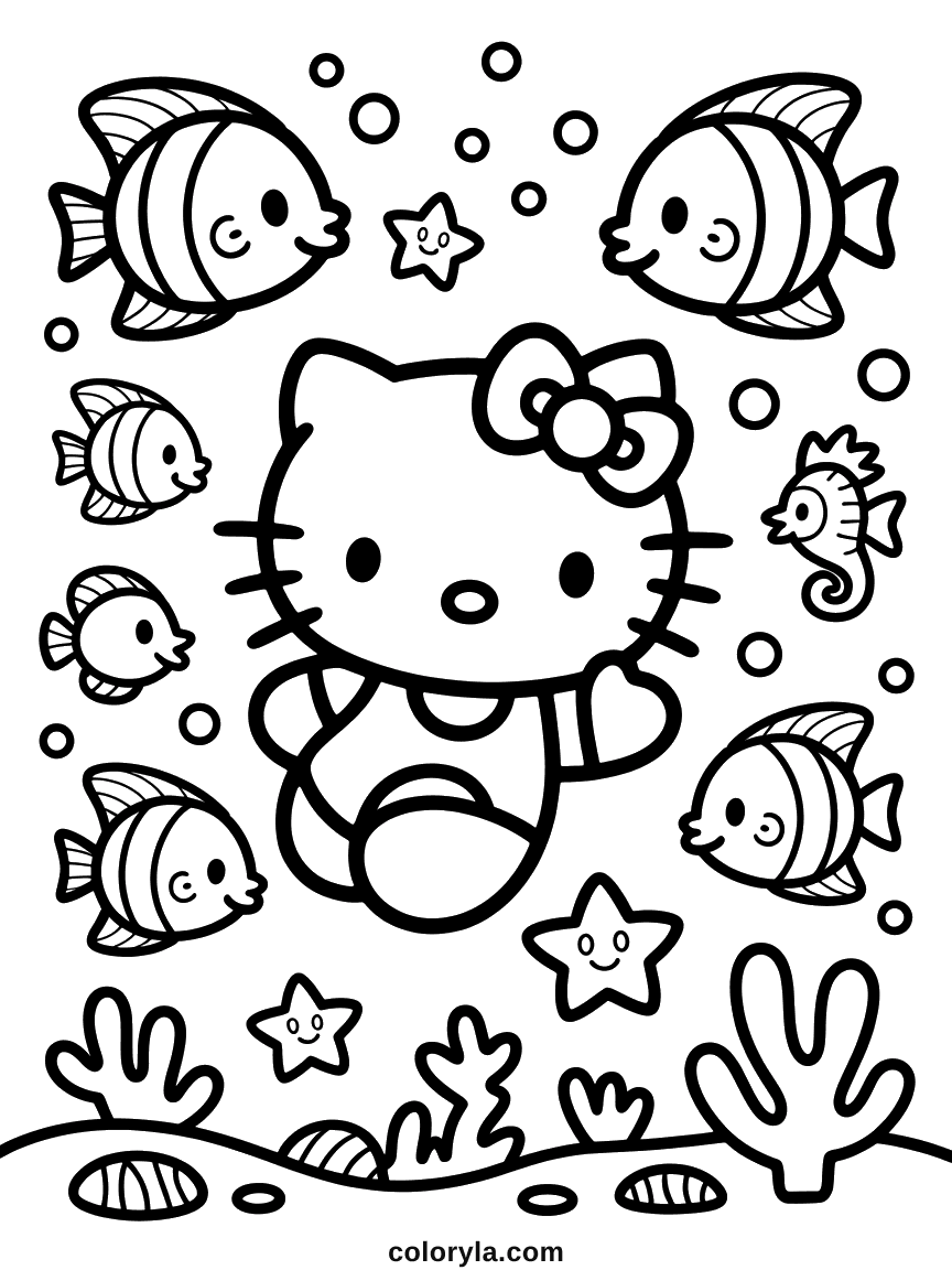 Hello Kitty swimming underwater surrounded by tropical fish, a seahorse, starfish, and coral.