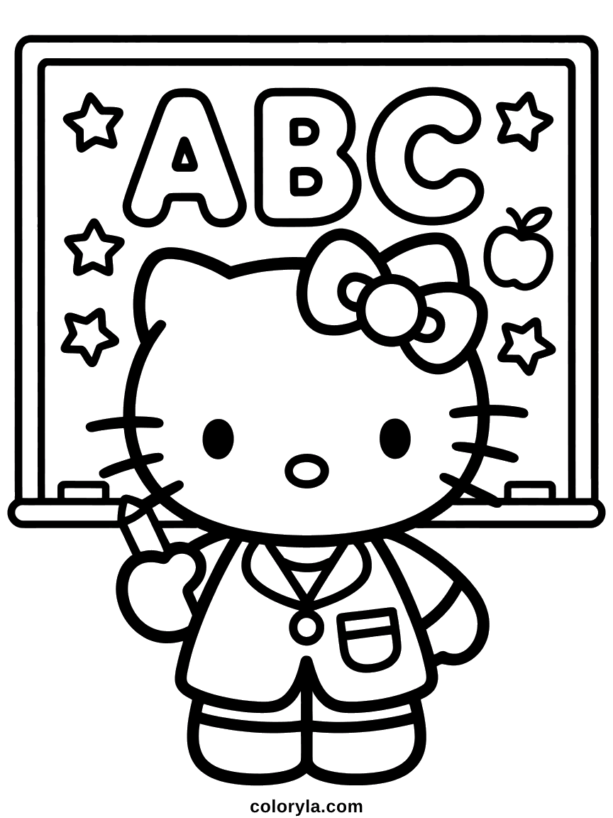 Hello Kitty as a teacher pointing at a blackboard with large ABC letters written on it.