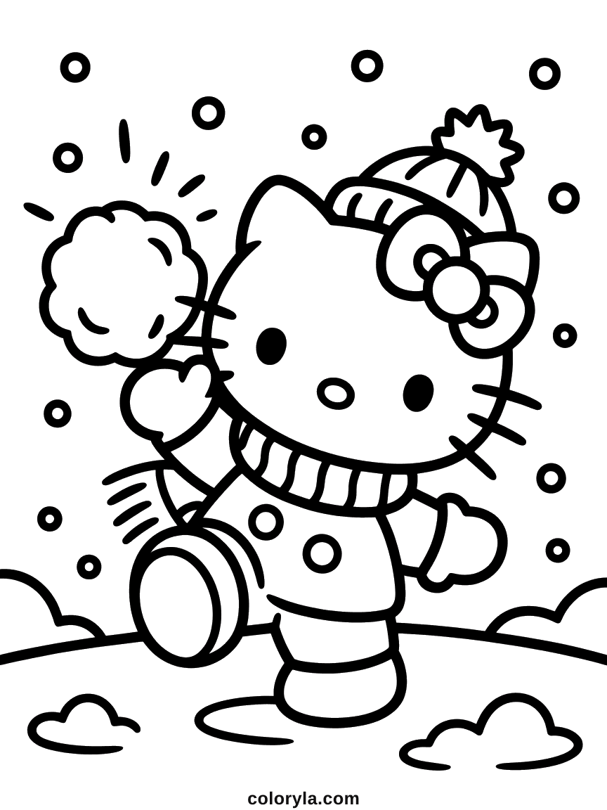 Hello Kitty Throwing a Snowball Coloring Page Hello Kitty in a winter hat and scarf mid-throw with a snowball, snow falling around her.