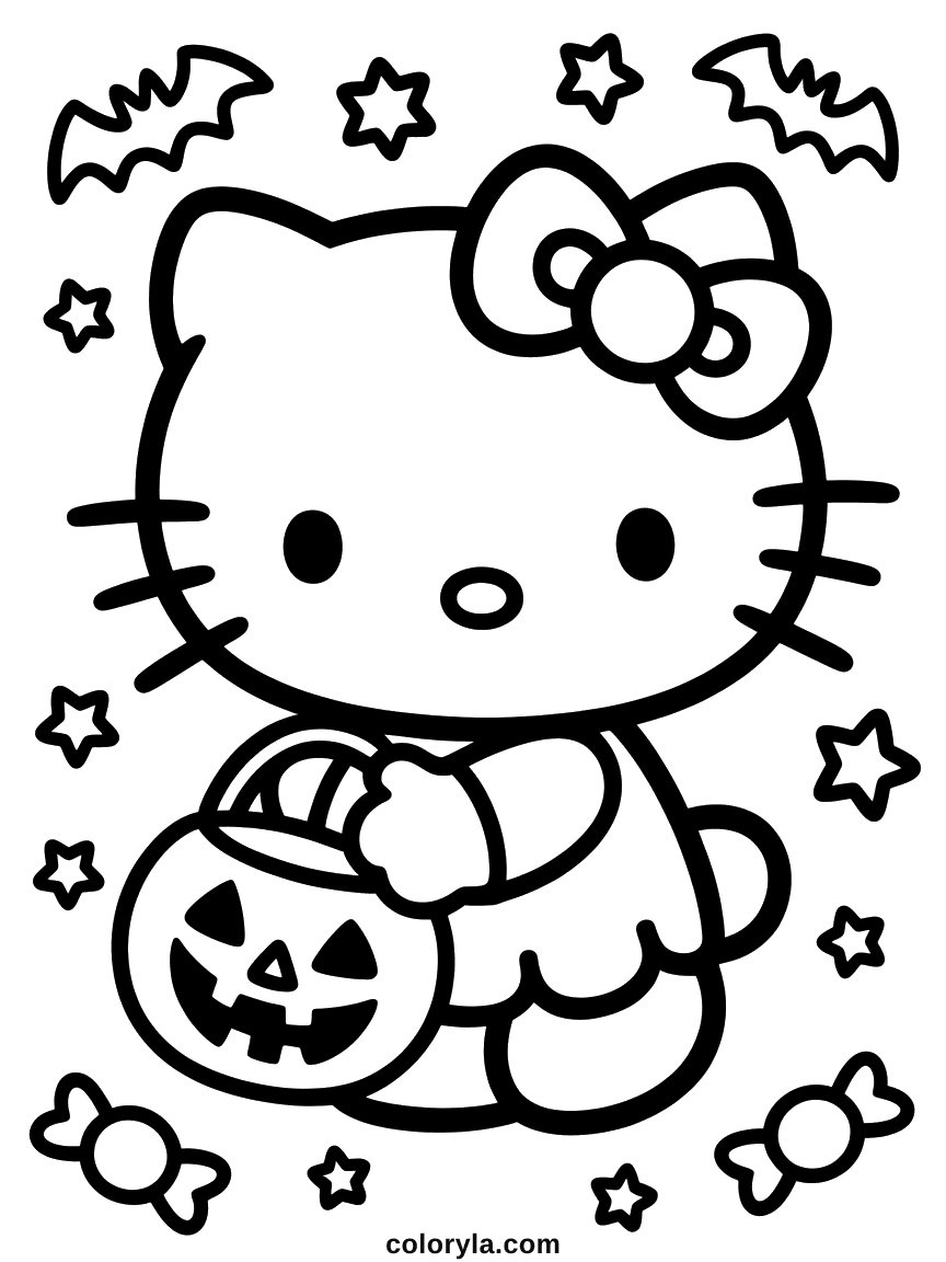 Hello Kitty holding a jack-o'-lantern candy bucket, with bats and candy around her.