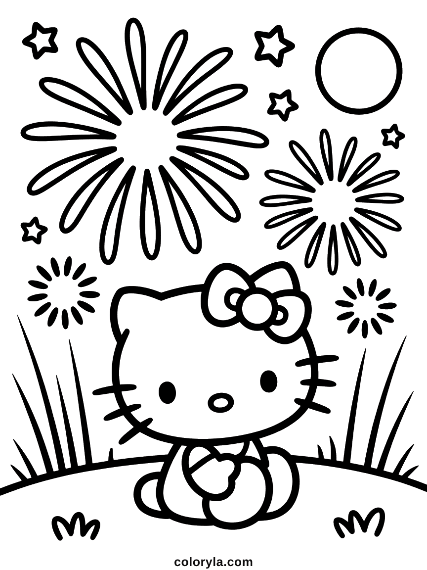 Hello Kitty sitting on grass watching fireworks burst in a night sky with a full moon.