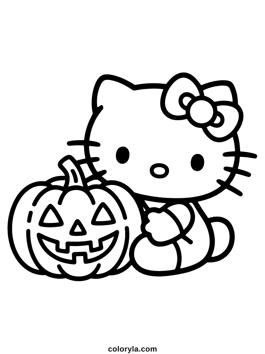 Hello Kitty sitting next to a large carved jack-o'-lantern.