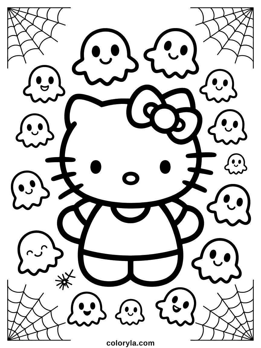 Hello Kitty surrounded by more than a dozen small, friendly, smiling ghosts and spiderwebs.