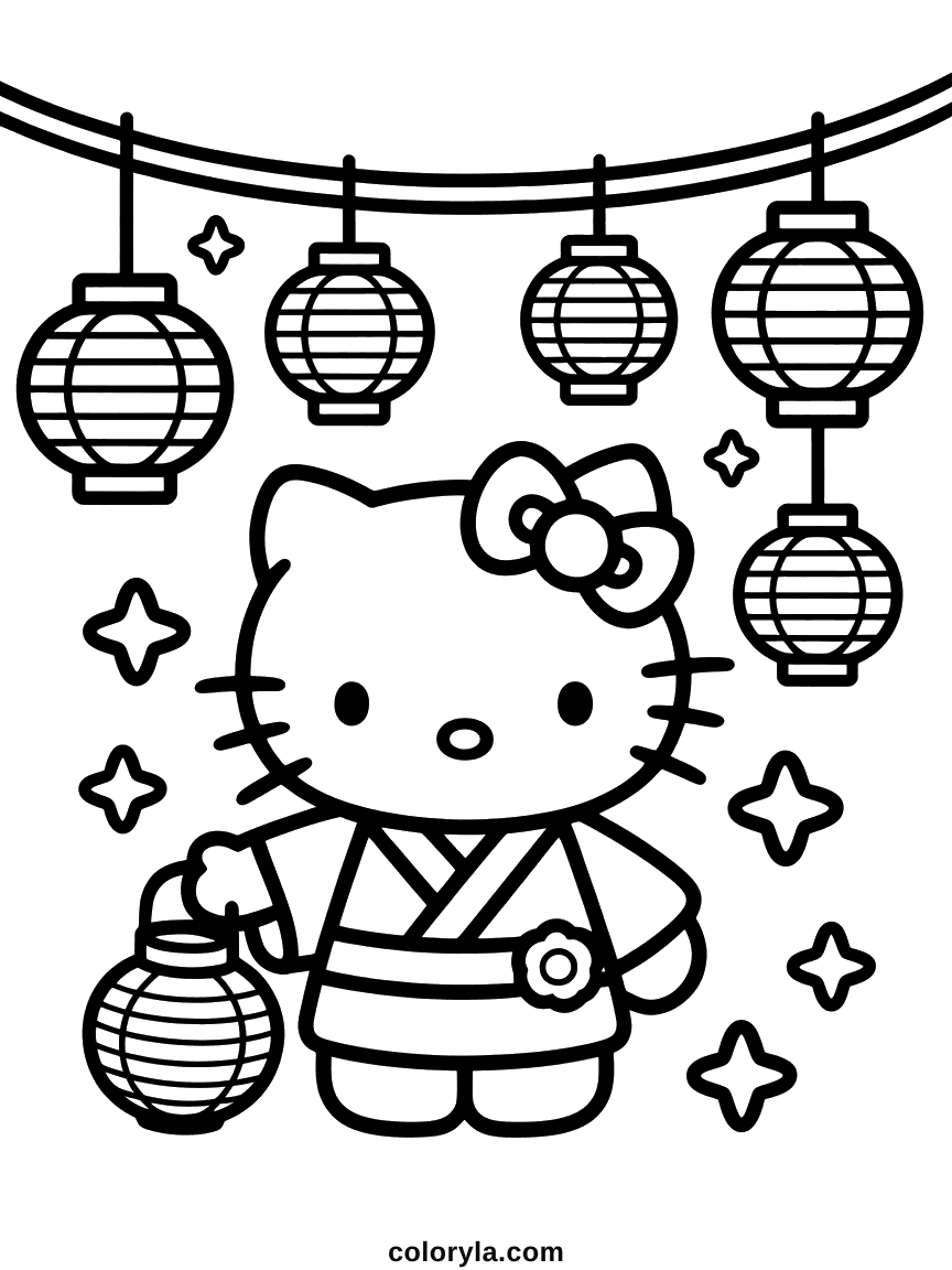 Hello Kitty in a kimono holding a paper lantern, under a string of five hanging lanterns.