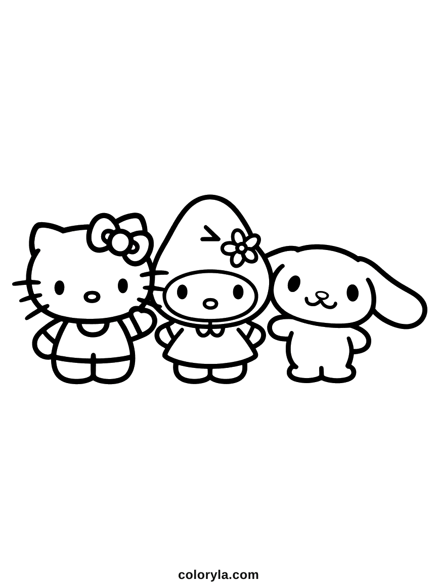 Hello Kitty standing together with My Melody and Cinnamoroll.