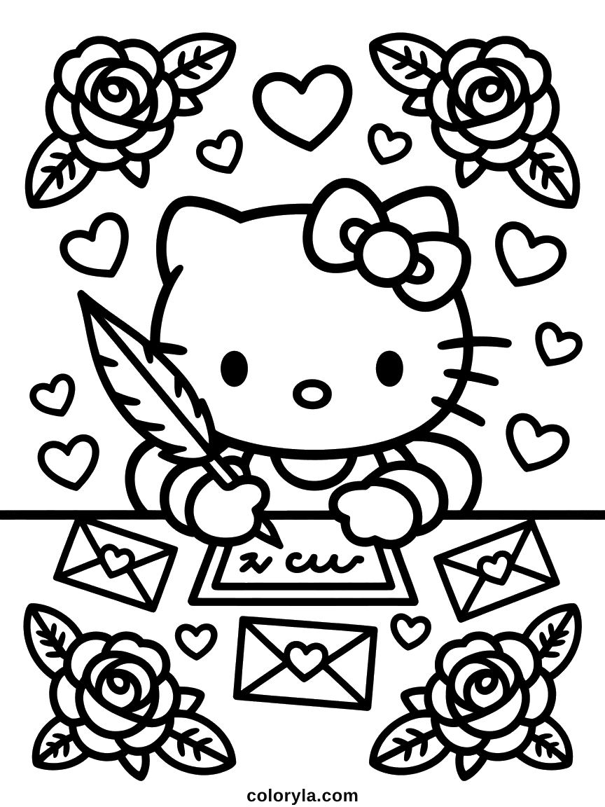 Hello Kitty writing a letter with a feather quill, surrounded by envelopes and roses.