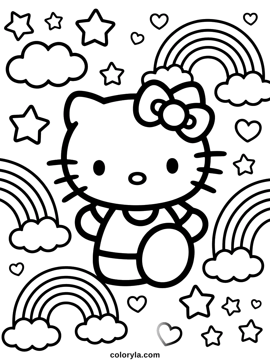 Hello Kitty surrounded by four rainbows, clouds, stars, and hearts.