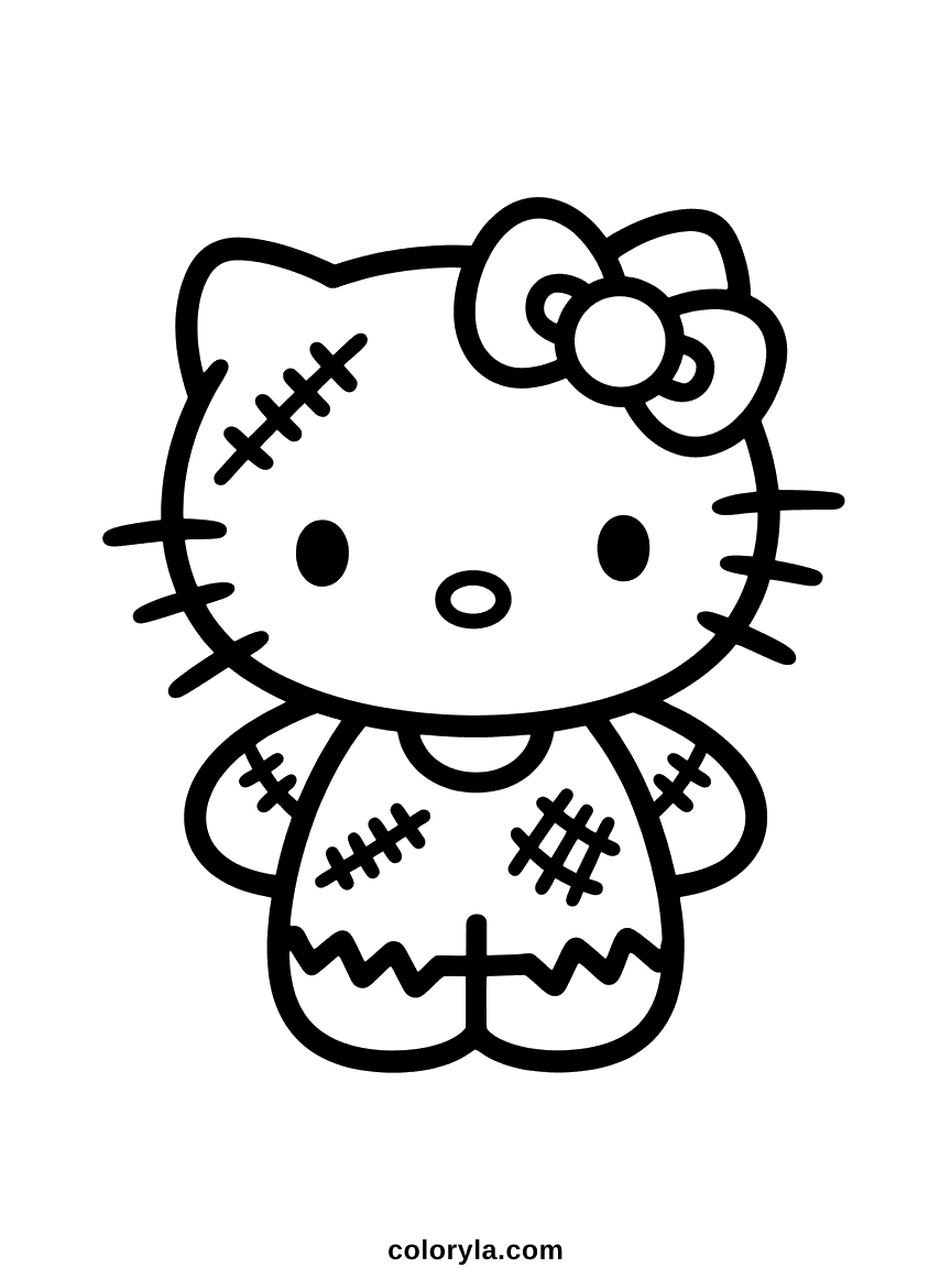 Hello Kitty with stitched patches on her face and a torn, jagged-hemmed outfit.