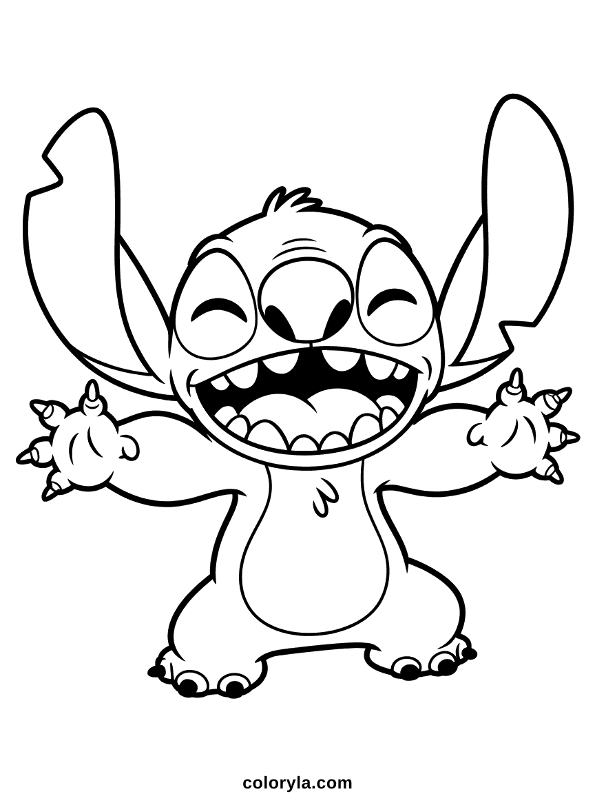 Alien bleu Stitch avec la bouche grande ouverte qui rit, les yeux grands pétillants de joie et de malveillance.