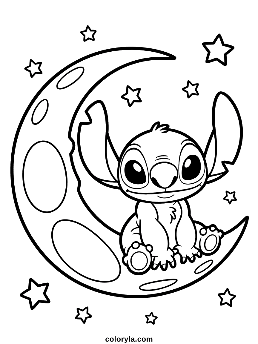 Alien bleu Stitch assis paisiblement sur une lune croissante incurvée avec des étoiles dispersées dans le ciel nocturne.