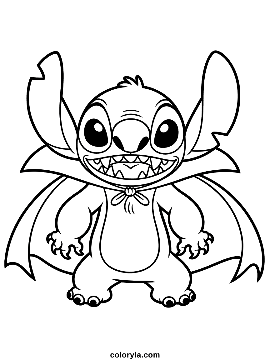 Blue alien Stitch dressed as a vampire with a black cape, fangs showing, ready for Halloween.