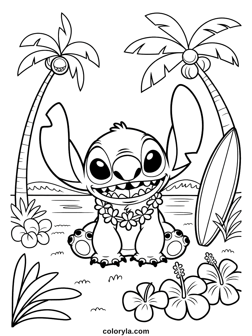 Portrait détaillé de l'alien bleu Stitch portant des accessoires hawaïens et des fleurs tropicales.
