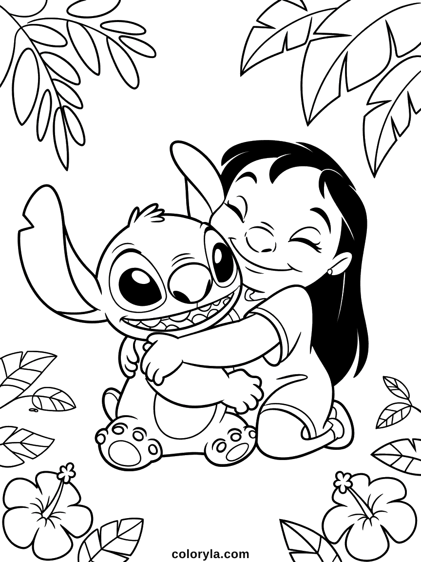 Jeune fille Lilo et alien bleu Stitch s'embrassant l'un l'autre dans une étreinte chaleureuse et aimante.