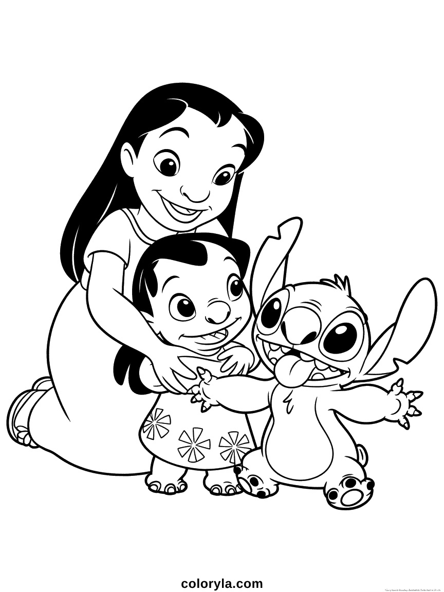Jeunes filles Lilo et Nani avec l'alien bleu Stitch debout ensemble en famille avec des expressions chaleureuses.