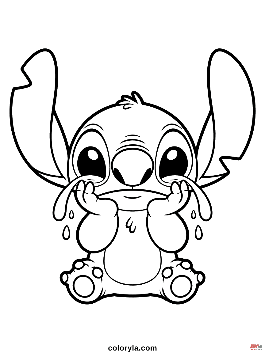 Sad Stitch Crying Tears Coloring Page Blue alien Stitch with downturned expression and tears streaming down his face, showing sadness.