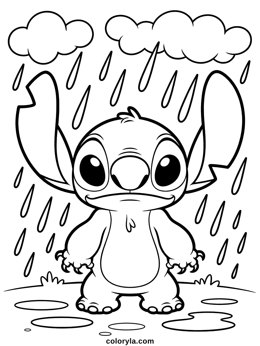 Stitch bleu alien debout sous une pluie abondante avec une expression triste, des gouttes d'eau tombant autour de lui