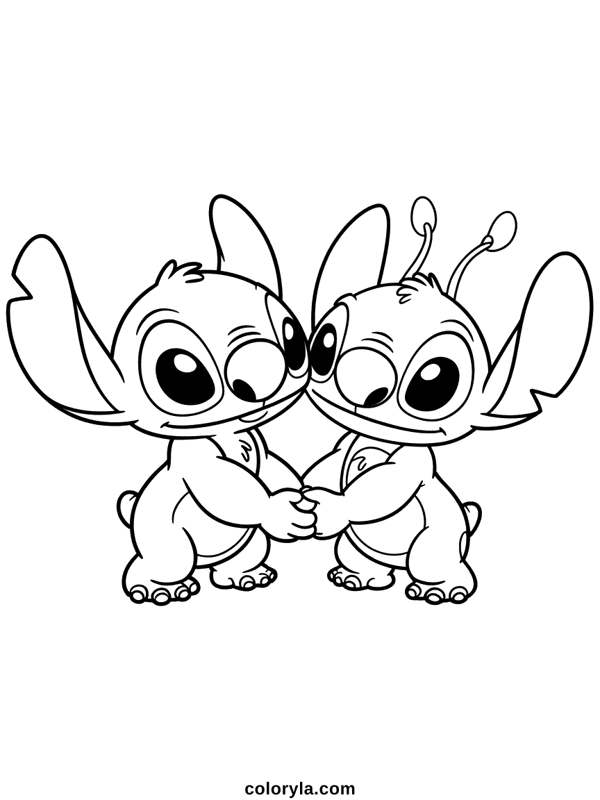 Stitch bleu alien et Angel rose alien debout ensemble se tenant la main, souriant chaleureusement l'un vers l'autre
